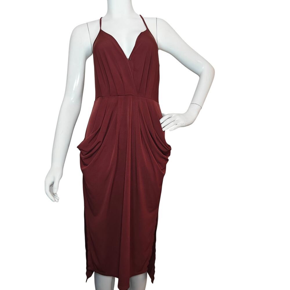 BCBGeneration Rust Draped Midi Dress XS Racerback Plunge Neck Cocktail
